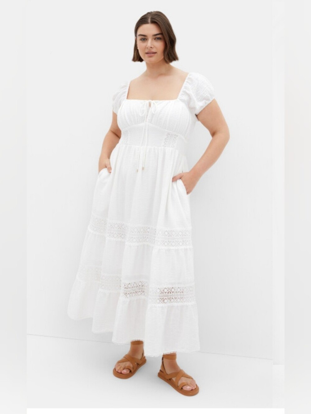 Ivory Square-Neck Tiered Midi Dress